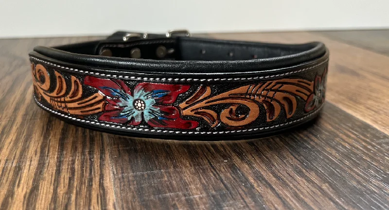 Handcrafted Padded Leather Tooled Dog Collar Blue/Red flowers