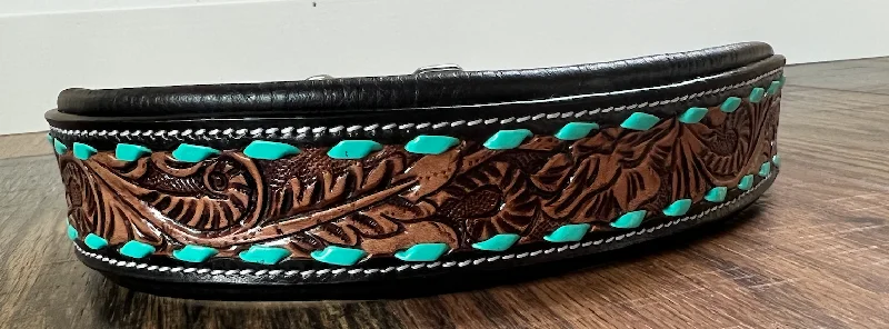 Handcrafted Padded Leather Tooled Dog Collar Leaf tooling and Teal lacing