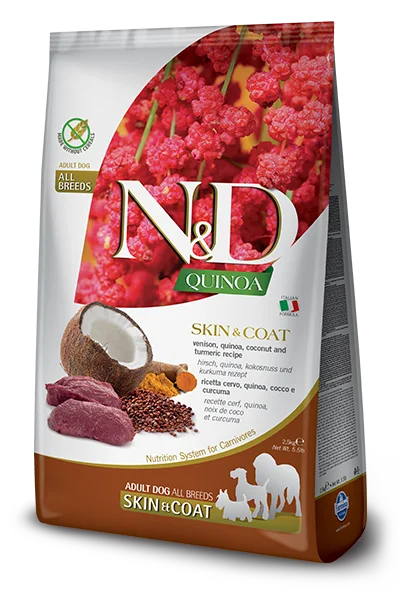 Farmina N & D Quinoa Skin & Coat,All Breeds,  Venison, quinoa, coconut and turmeric recipe