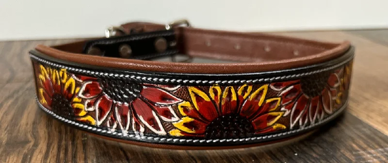 Handcrafted Padded Leather Tooled Dog Collar Fire Sunflowers