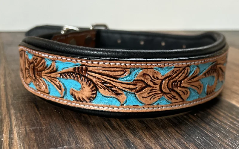 Handcrafted Padded Leather Tooled Dog Collar with Blue Accents