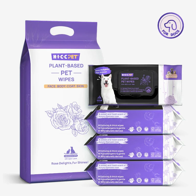 HICC Pet® Plant-Based Pet Wipes For Dogs, Damask Rose Scent, 100 Pcs, Set of 4