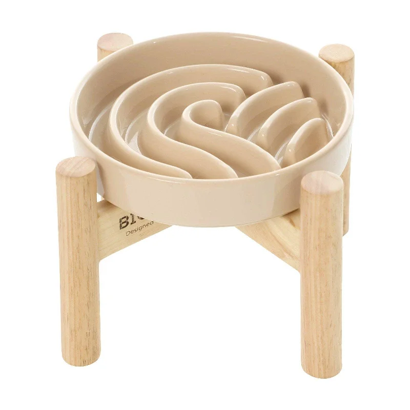 [Wave] Slow Feeder Dog Bowls - M / Beige / Wood Stand