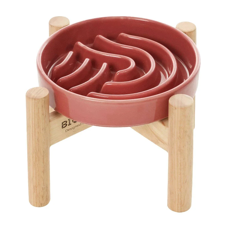 [Wave] Slow Feeder Dog Bowls - M / Pink / Wood Stand