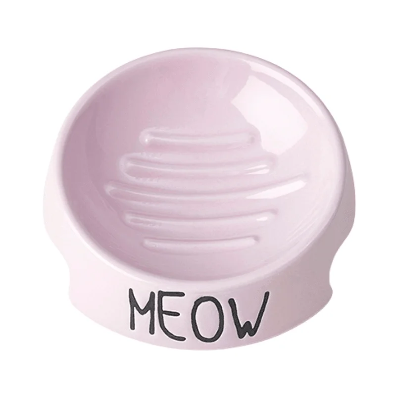 Stoneware Pet Bowl - "Meow" - Pink - 5" Inverted Bowl, 6 oz (Dishwasher Safe)