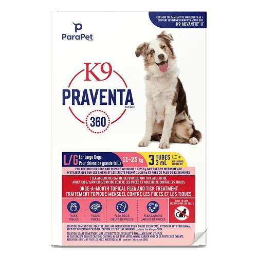 K9 Praventa 360 - Flea & Tick Treatment - Large Dogs 11 kg to 25 kg - 3 tubes